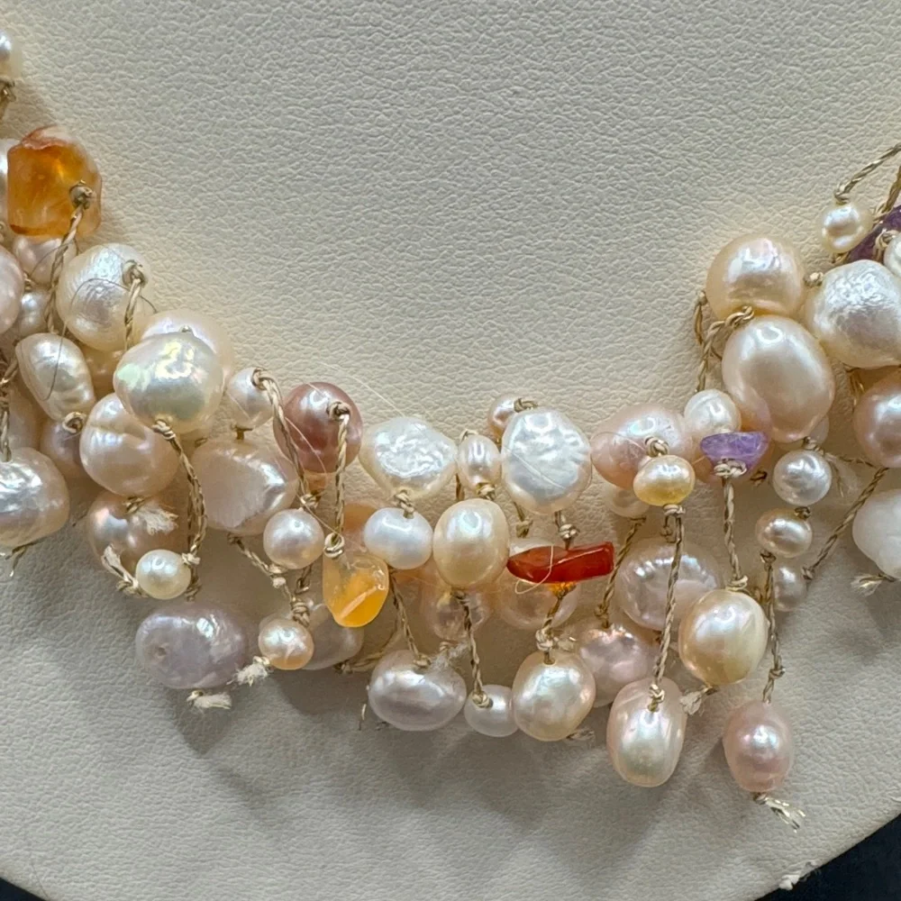 Vintage Light Pink Dangle Pearl Amethyst  Quartz necklace 925 Sterling Layered